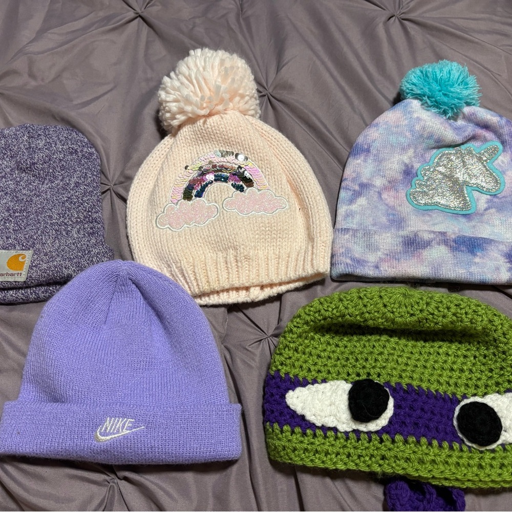 Nike Lavender Beanie + Assorted Kids Pom & Crochet Hats - Pastel Mix